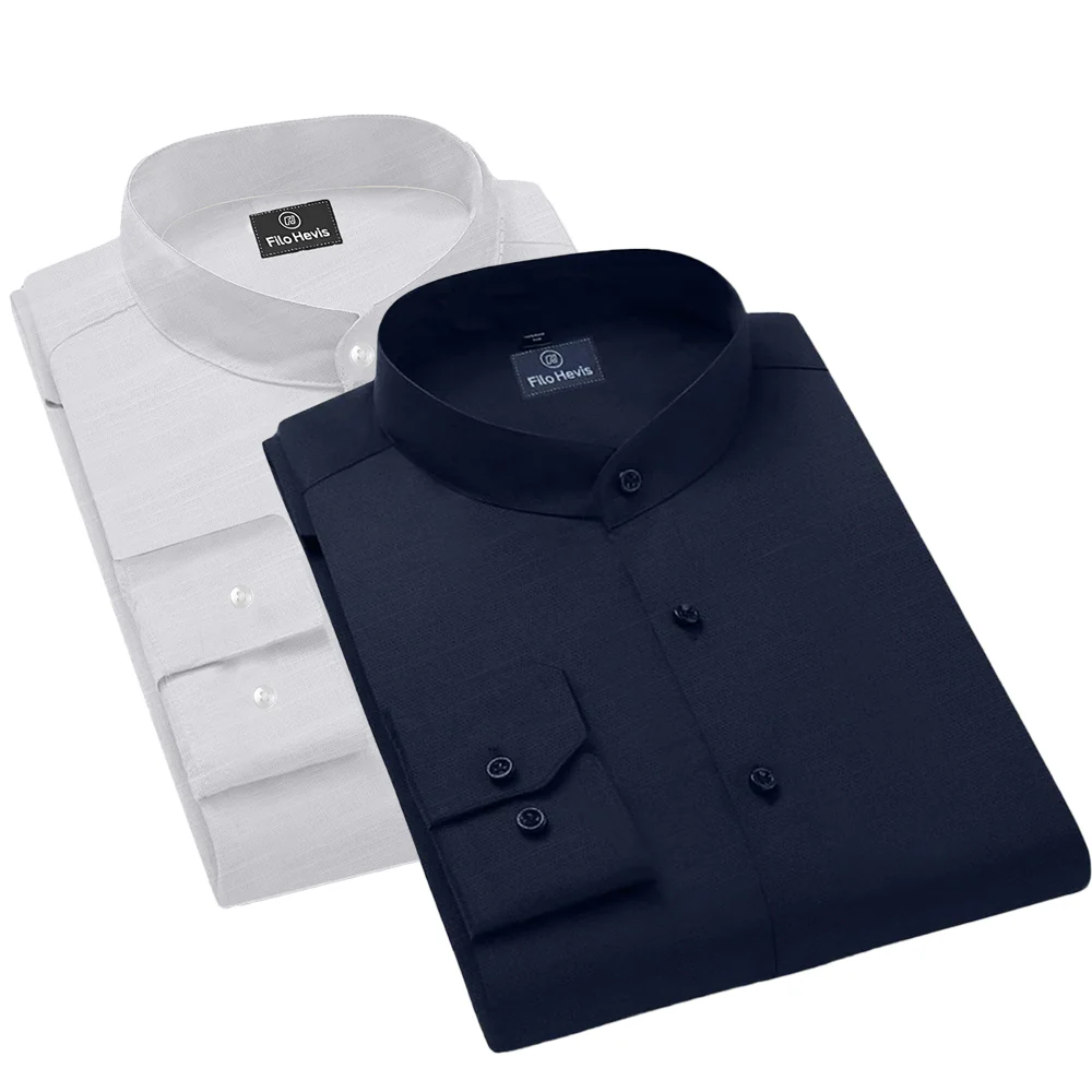 Pack of 2 | Men's Cotton-Linen Chinese Collar T-Neck Shirts | White & Navy Blue Combo | Regular fit