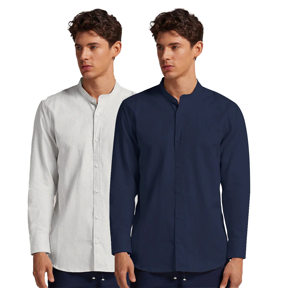 Pack of 2 | Men's Cotton-Linen Chinese Collar T-Neck Shirts | White & Navy Blue Combo | Regular fit - Image 3