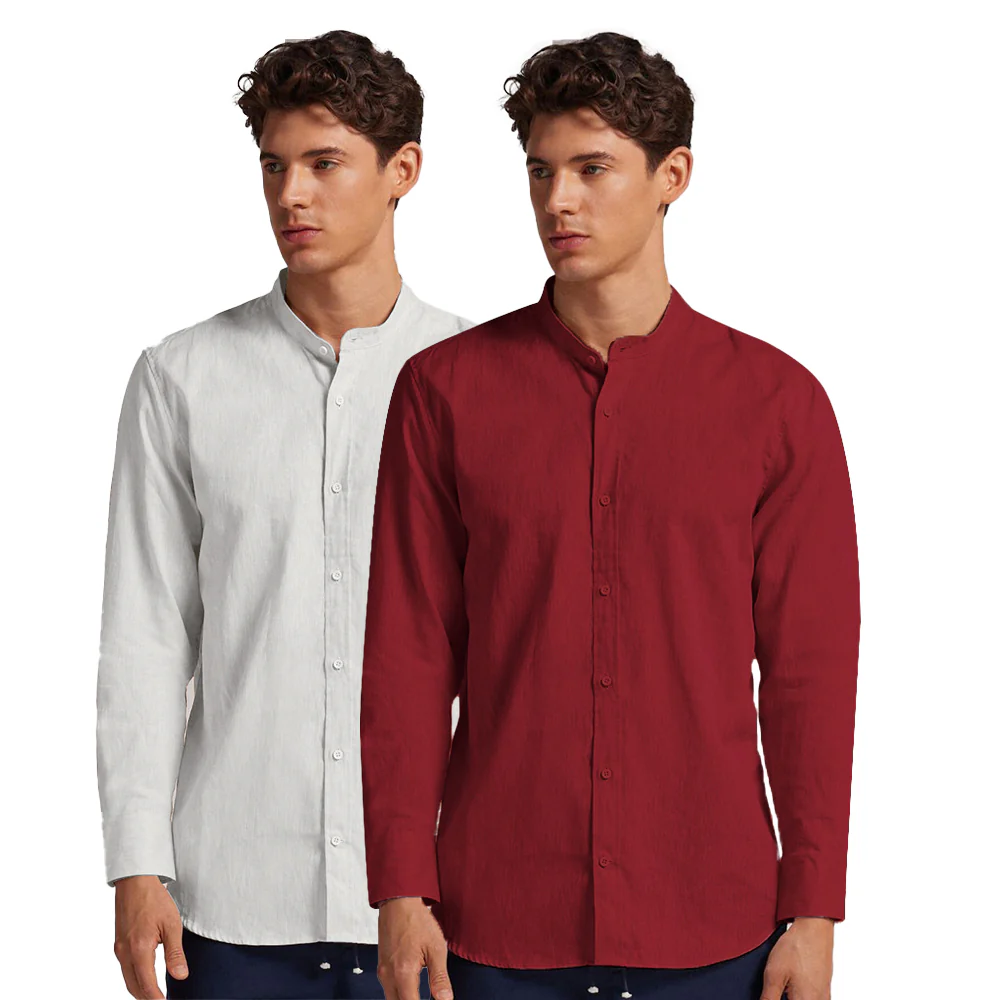 Pack of 2 | Men's Cotton-Linen Chinese Collar T-Neck Shirts | White & Red Combo | Regular fit - Image 3