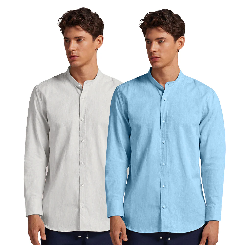 Pack of 2 | Men's Cotton-Linen Chinese Collar T-Neck Shirts | White & Sky Combo | Regular fit - Image 3