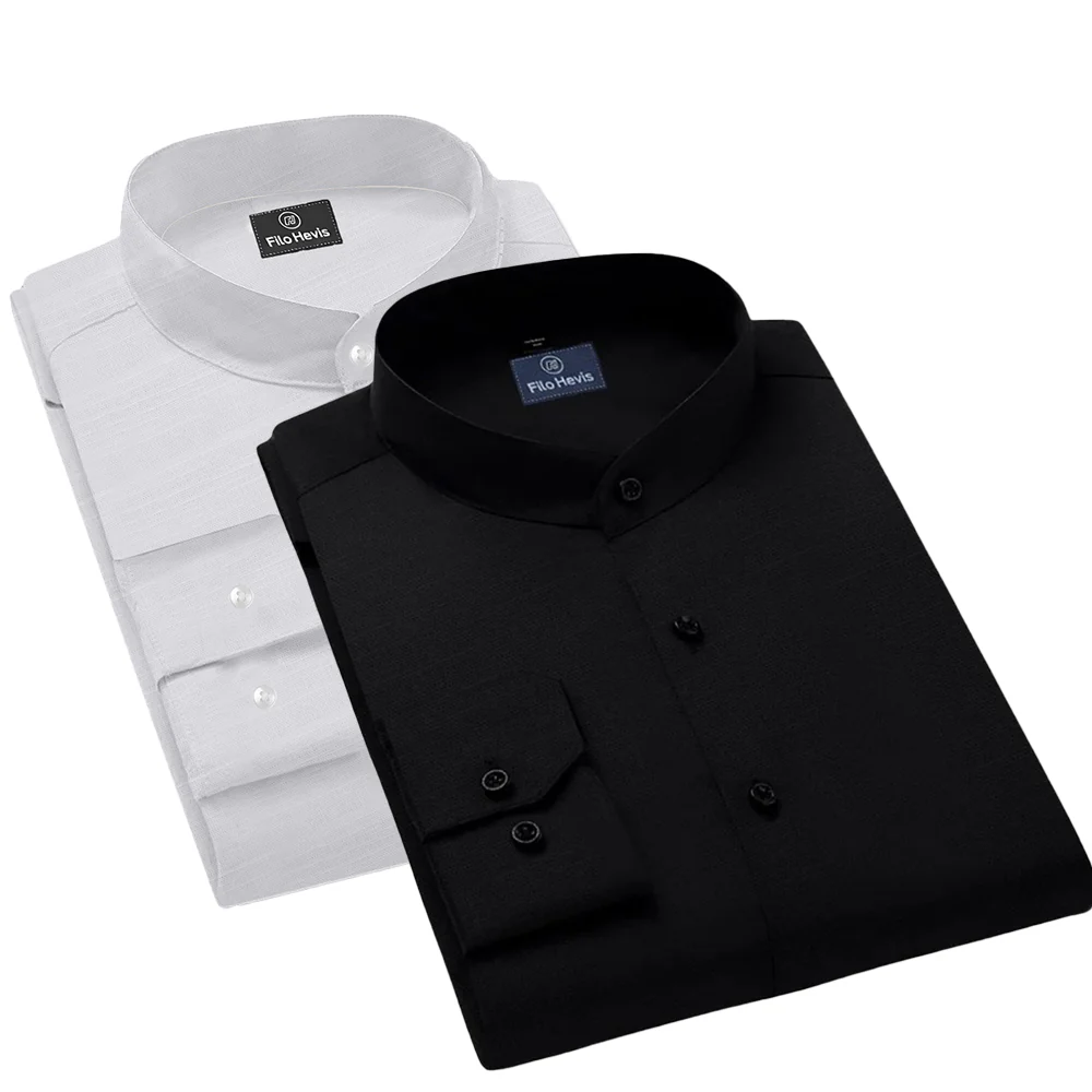 Pack of 2 | Men's Cotton-Linen Chinese Collar T-Neck Shirts | White & Black Combo | Regular fit