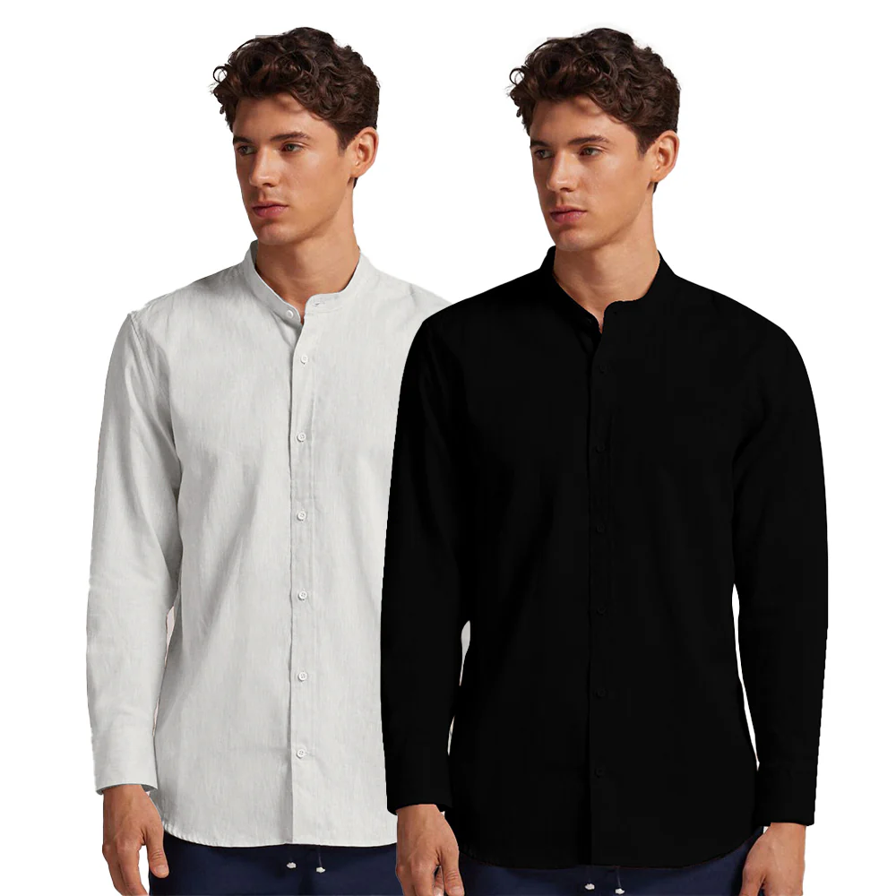 Pack of 2 | Men's Cotton-Linen Chinese Collar T-Neck Shirts | White & Black Combo | Regular fit - Image 3