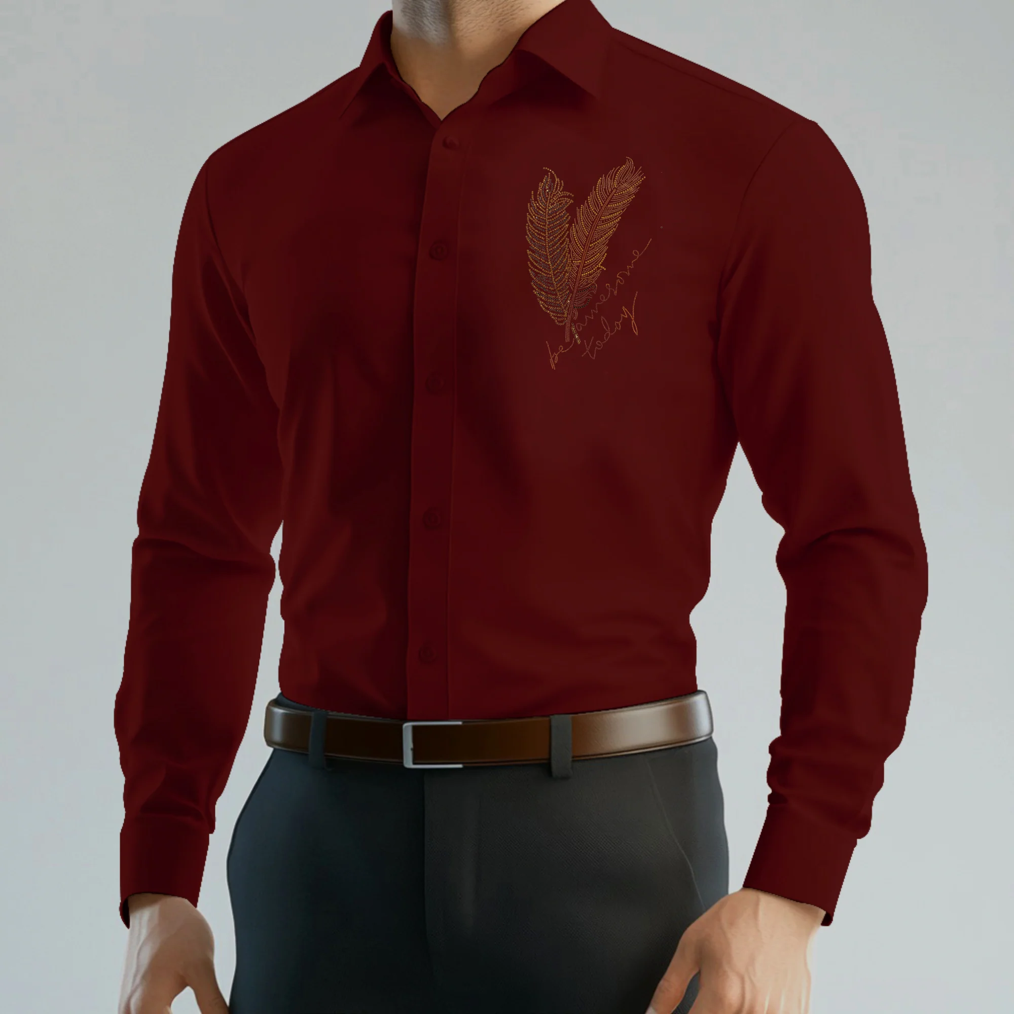 PARTY SHIRTS FOR MEN | PREMIUM SHIRTS | CLUB SHIRTS Feather Embroidery-Maroon - Image 2