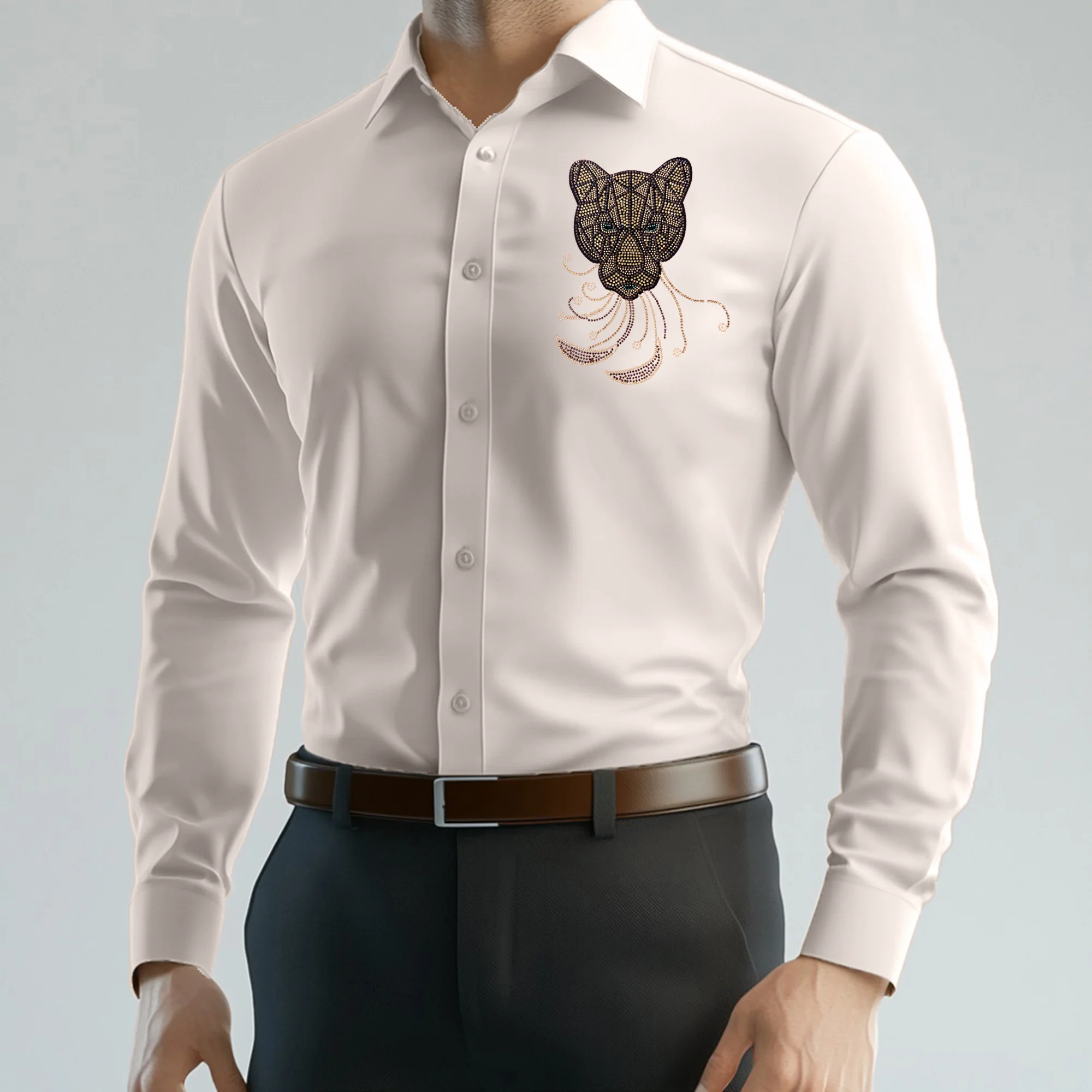 PARTY SHIRTS FOR MEN | PREMIUM SHIRTS | CLUB SHIRTS Tiger Embroidery-BEIGE - Image 2