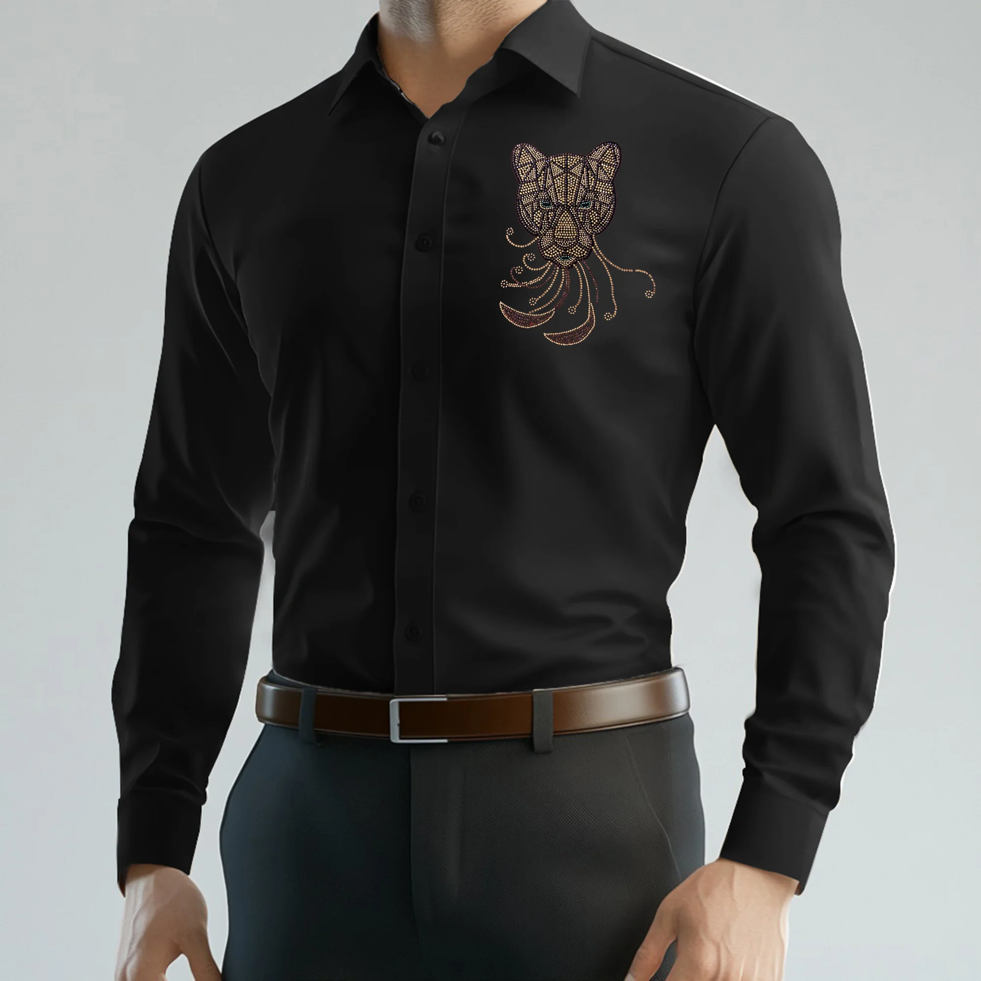 PARTY SHIRTS FOR MEN | PREMIUM SHIRTS | CLUB SHIRTS Tiger Embroidery-BLACK - Image 2