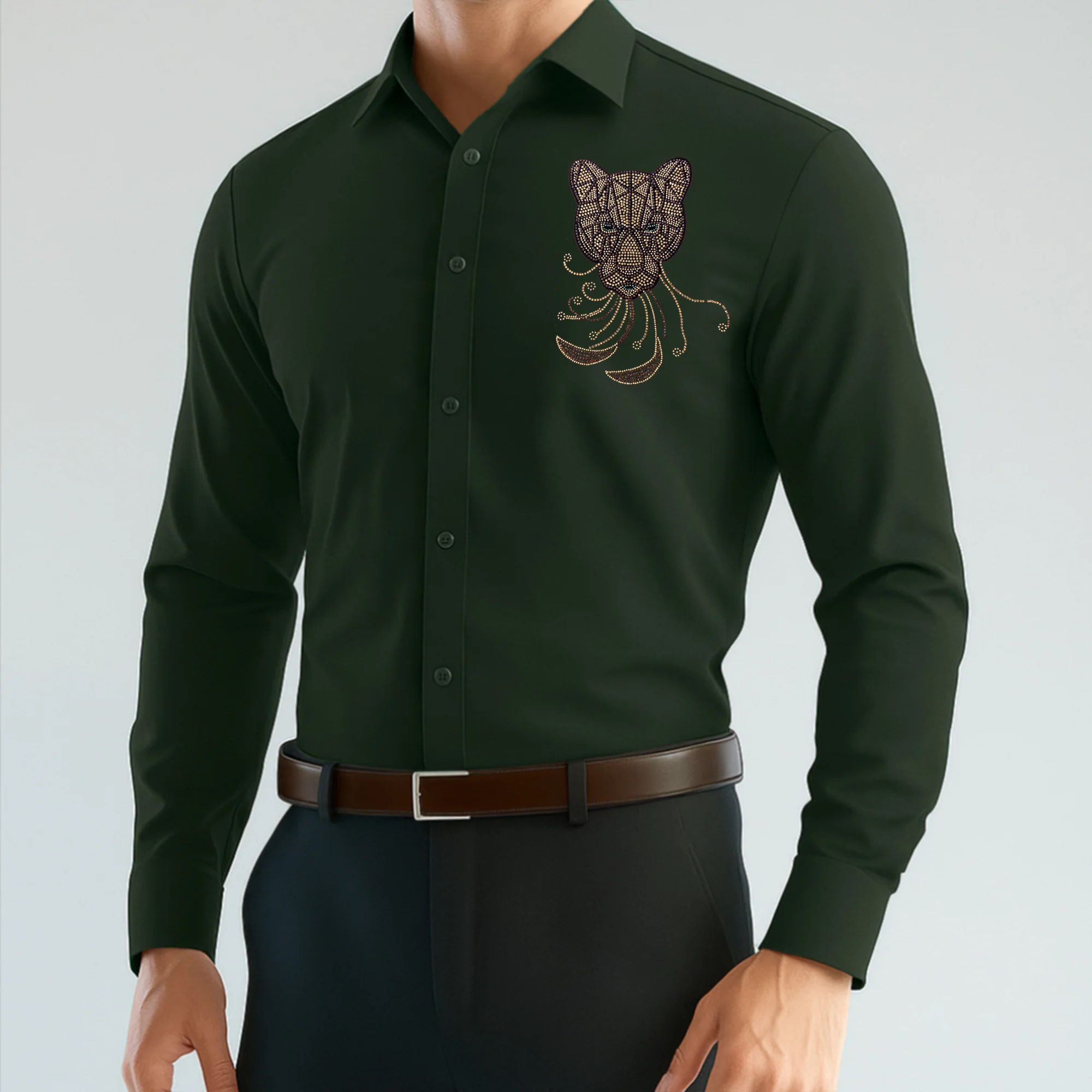 PARTY SHIRTS FOR MEN | PREMIUM SHIRTS | CLUB SHIRTS Tiger Embroidery-BOTTLE GREEN - Image 2