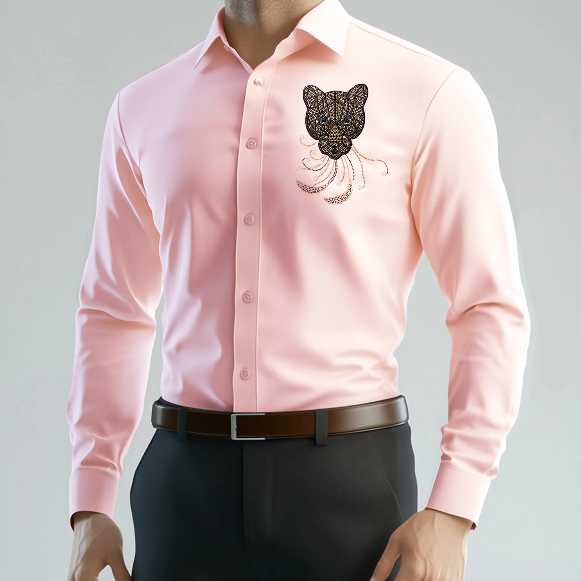 PARTY SHIRTS FOR MEN | PREMIUM SHIRTS | CLUB SHIRTS Tiger Embroidery-LIGHT PINK - Image 2
