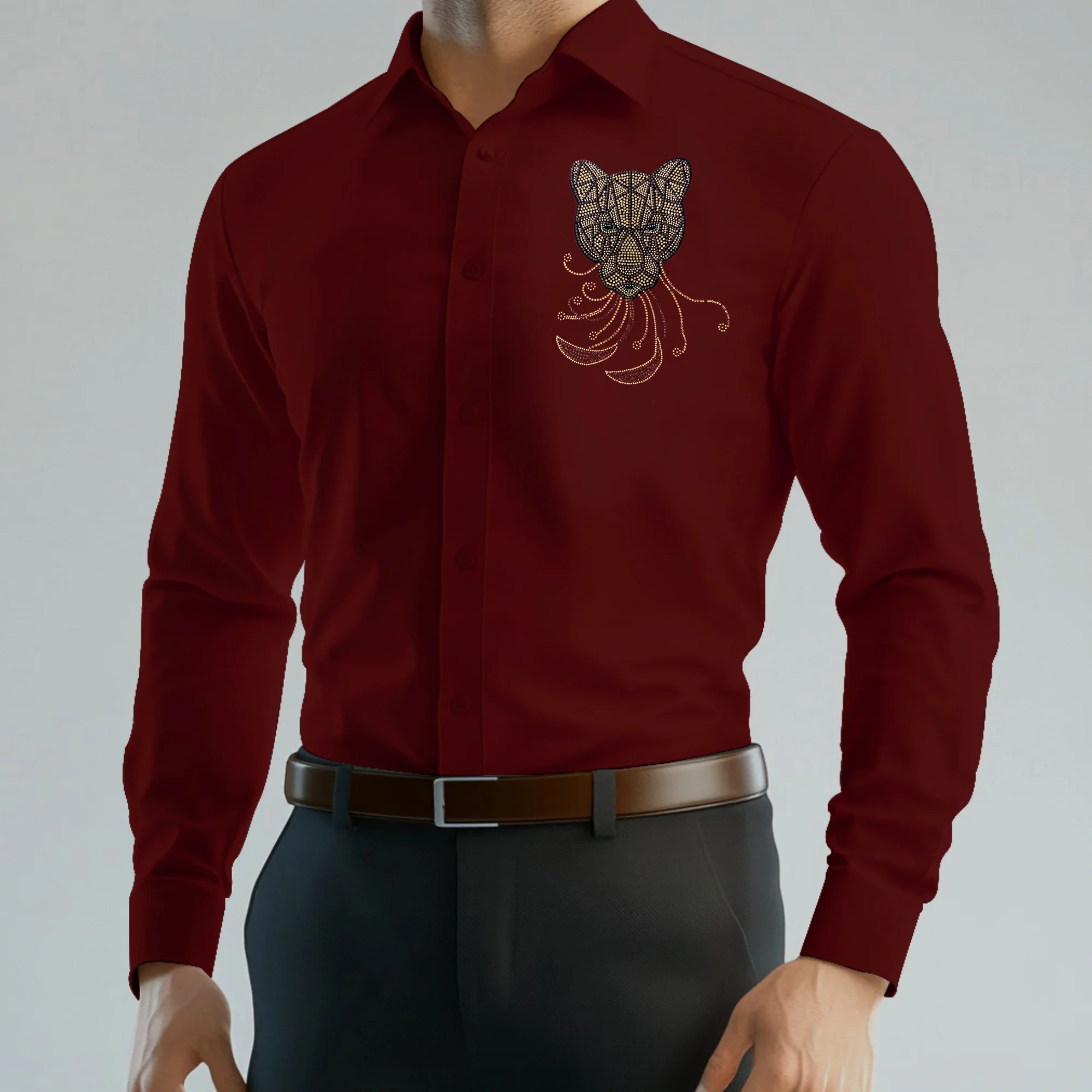 PARTY SHIRTS FOR MEN | PREMIUM SHIRTS | CLUB SHIRTS Tiger Embroidery-MAROON - Image 2