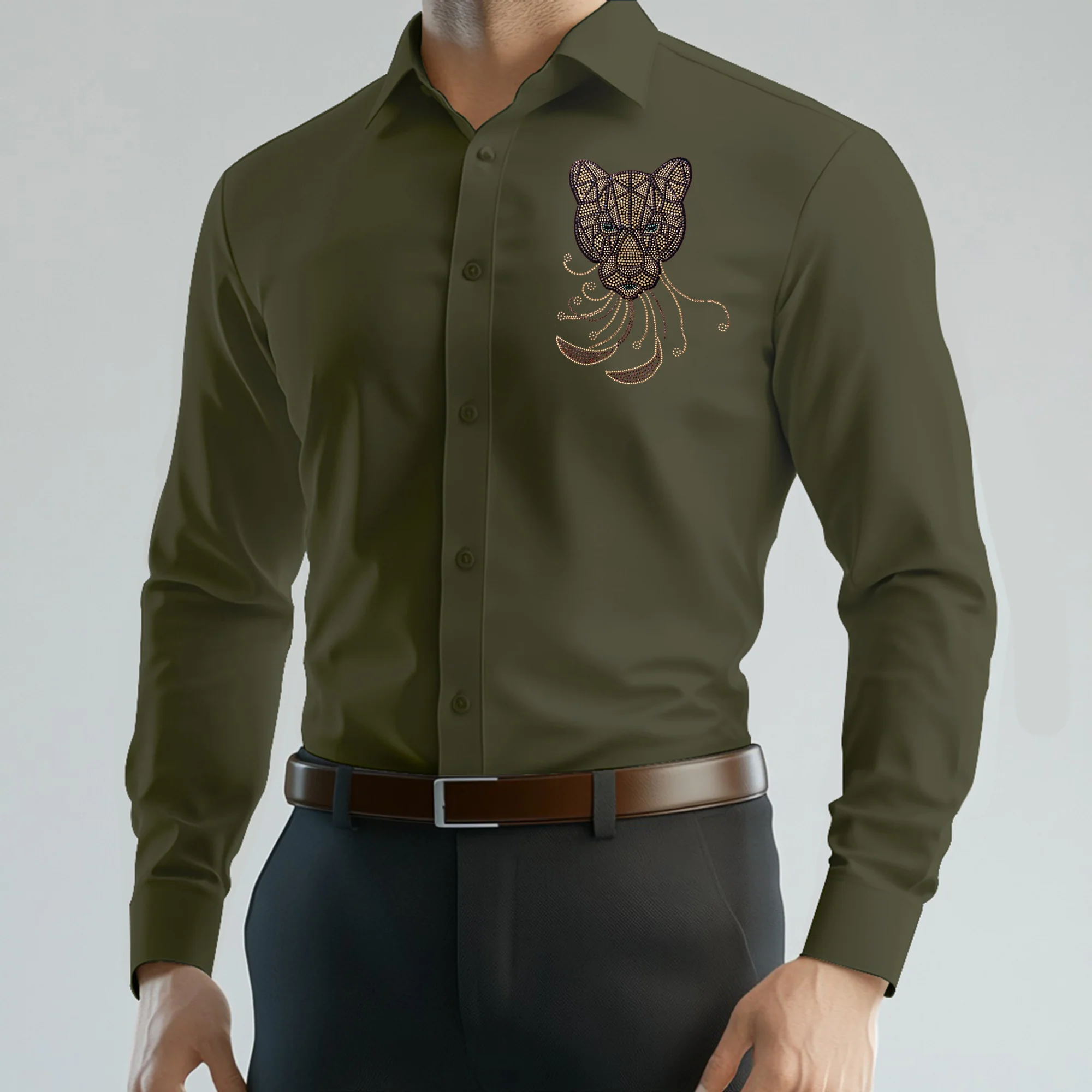 PARTY SHIRTS FOR MEN | PREMIUM SHIRTS | CLUB SHIRTS Tiger Embroidery-MEHNDI GREEN - Image 2