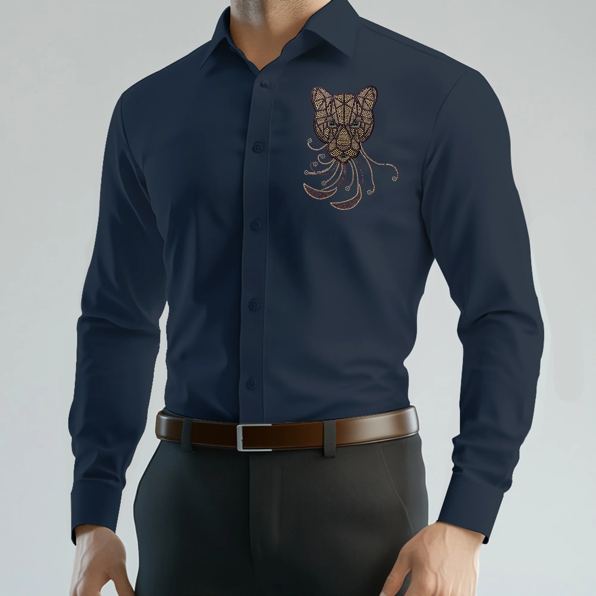 PARTY SHIRTS FOR MEN | PREMIUM SHIRTS | CLUB SHIRTS Tiger Embroidery-NAVY BLUE - Image 2