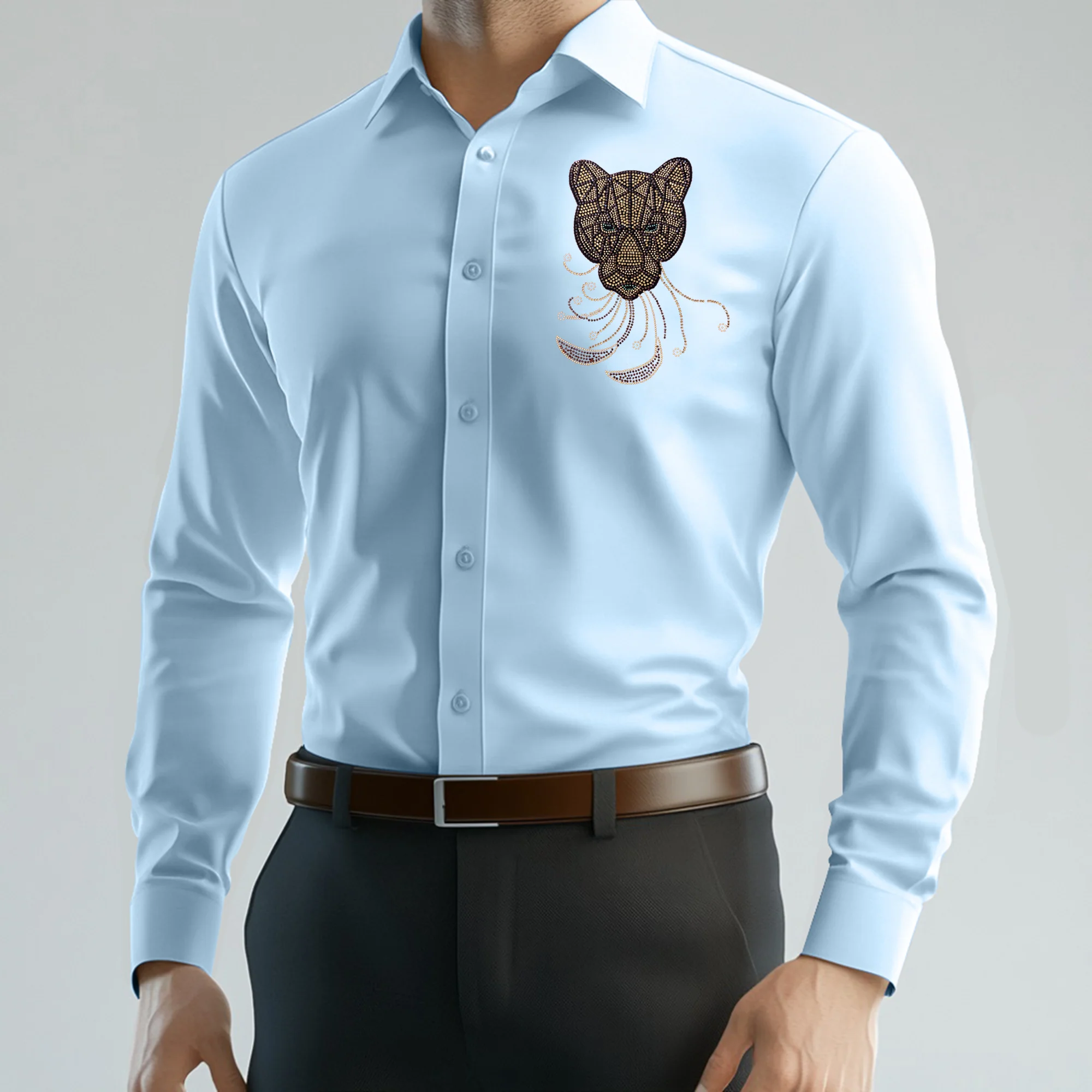 PARTY SHIRTS FOR MEN | PREMIUM SHIRTS | CLUB SHIRTS Tiger Embroidery-SKY - Image 2