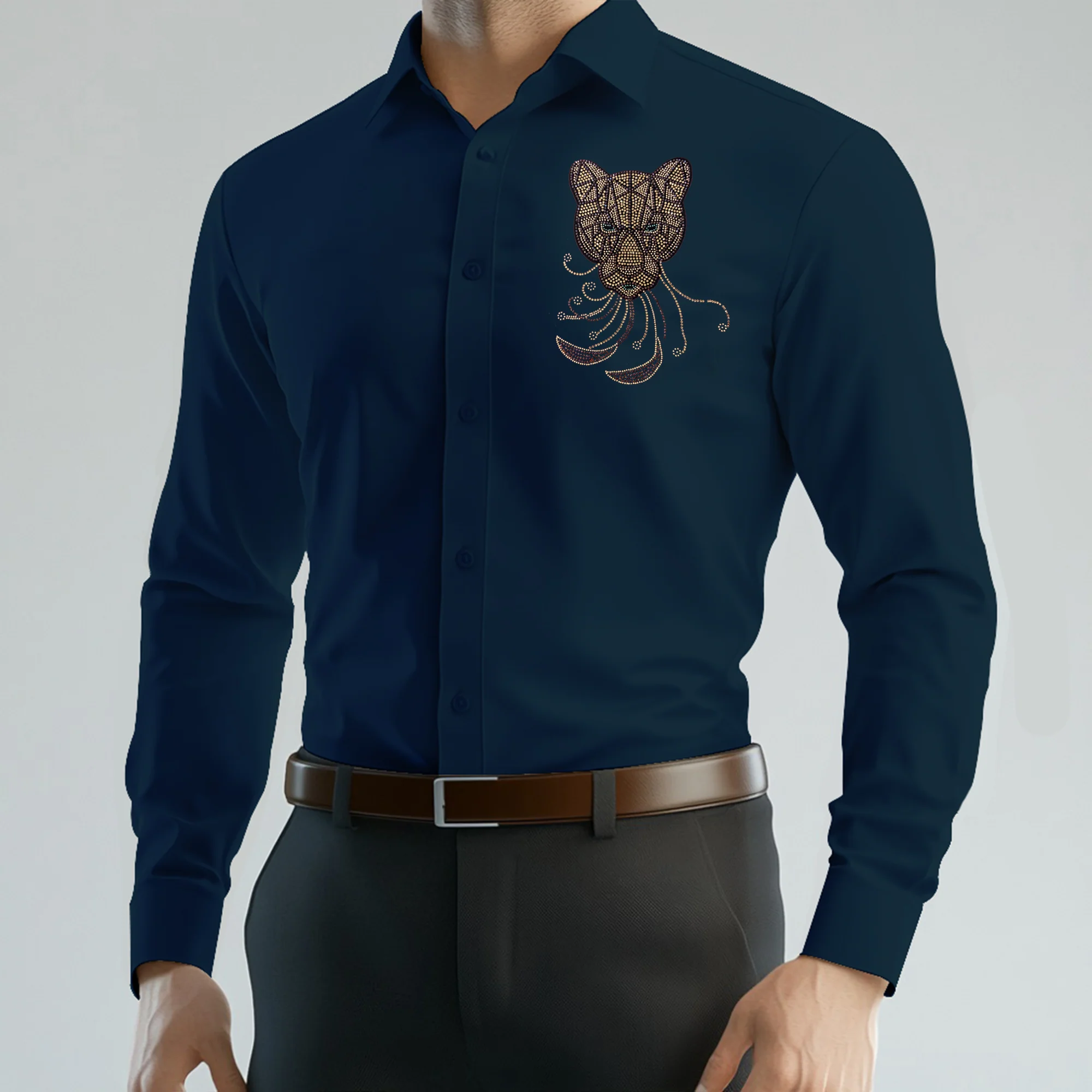 PARTY SHIRTS FOR MEN | PREMIUM SHIRTS | CLUB SHIRTS Tiger Embroidery-TEAL BLUE - Image 2