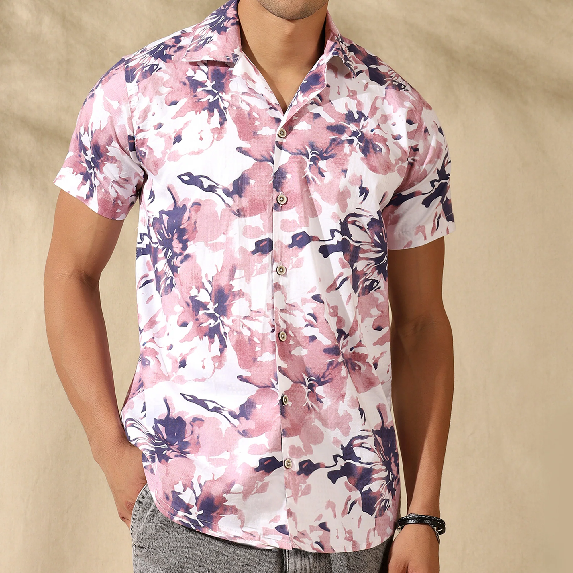 PEACH HALF CASUAL PRINTED COTTON SHIRT REGULAR FIT FOR MEN
