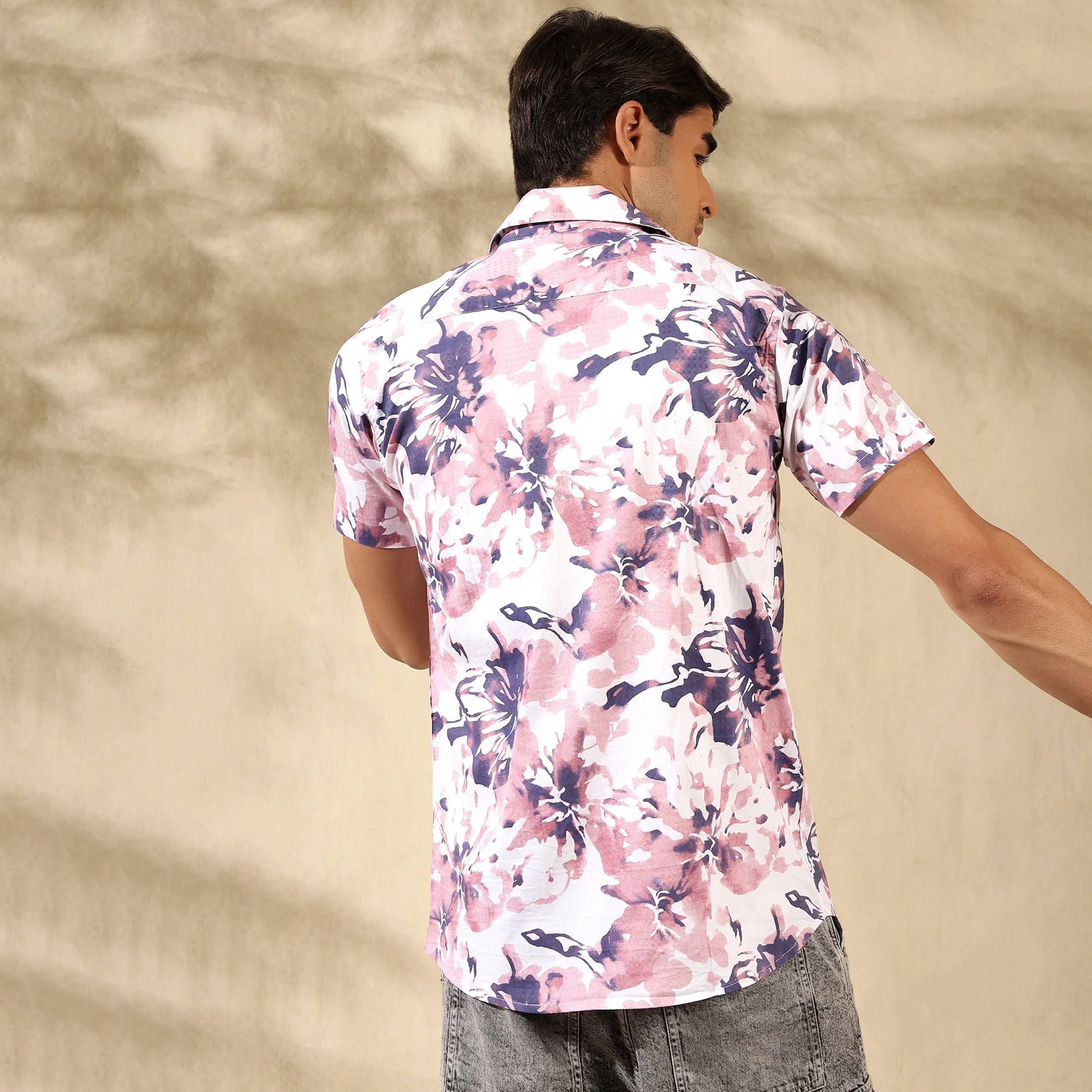 PEACH HALF CASUAL PRINTED COTTON SHIRT REGULAR FIT FOR MEN - Image 3