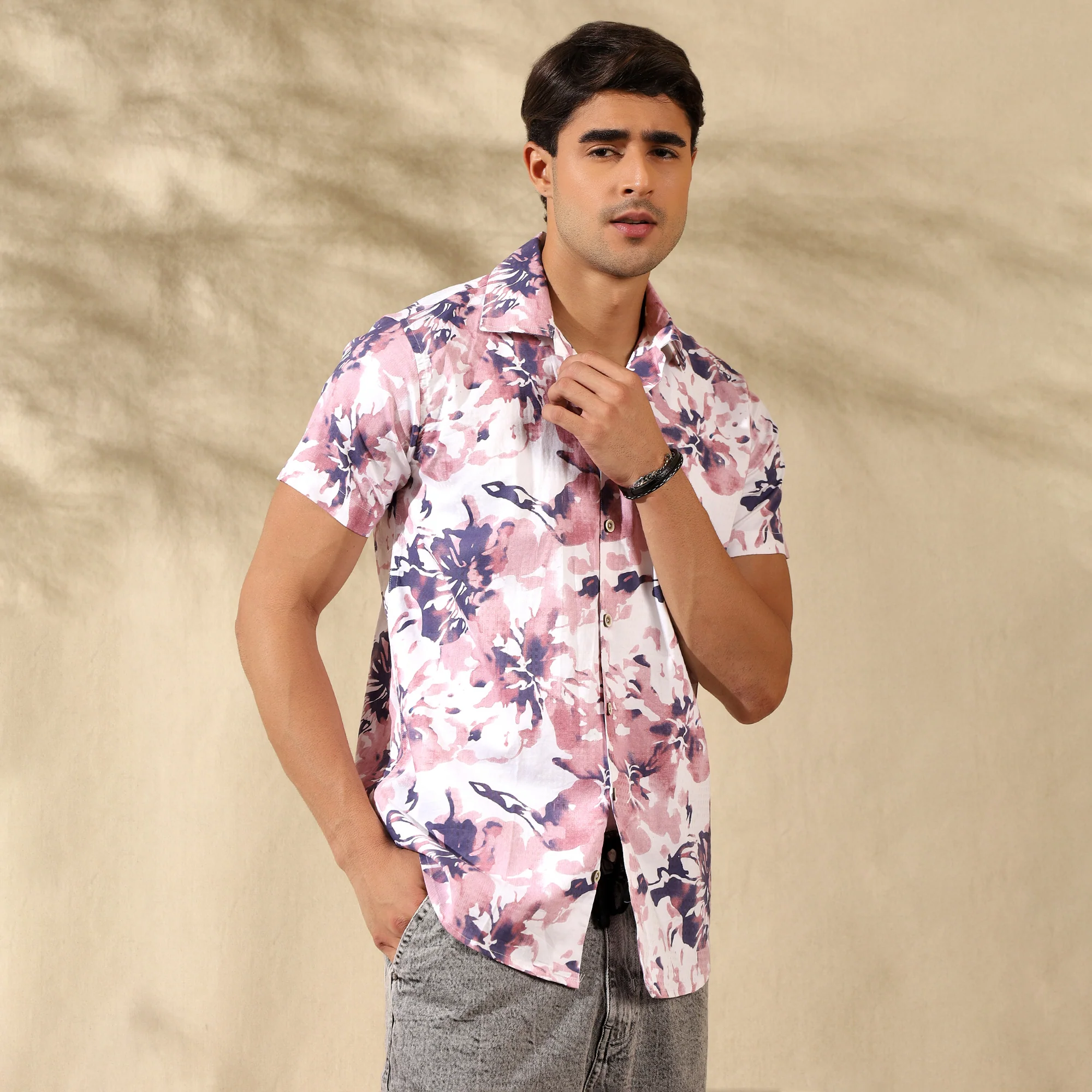 PEACH HALF CASUAL PRINTED COTTON SHIRT REGULAR FIT FOR MEN - Image 5