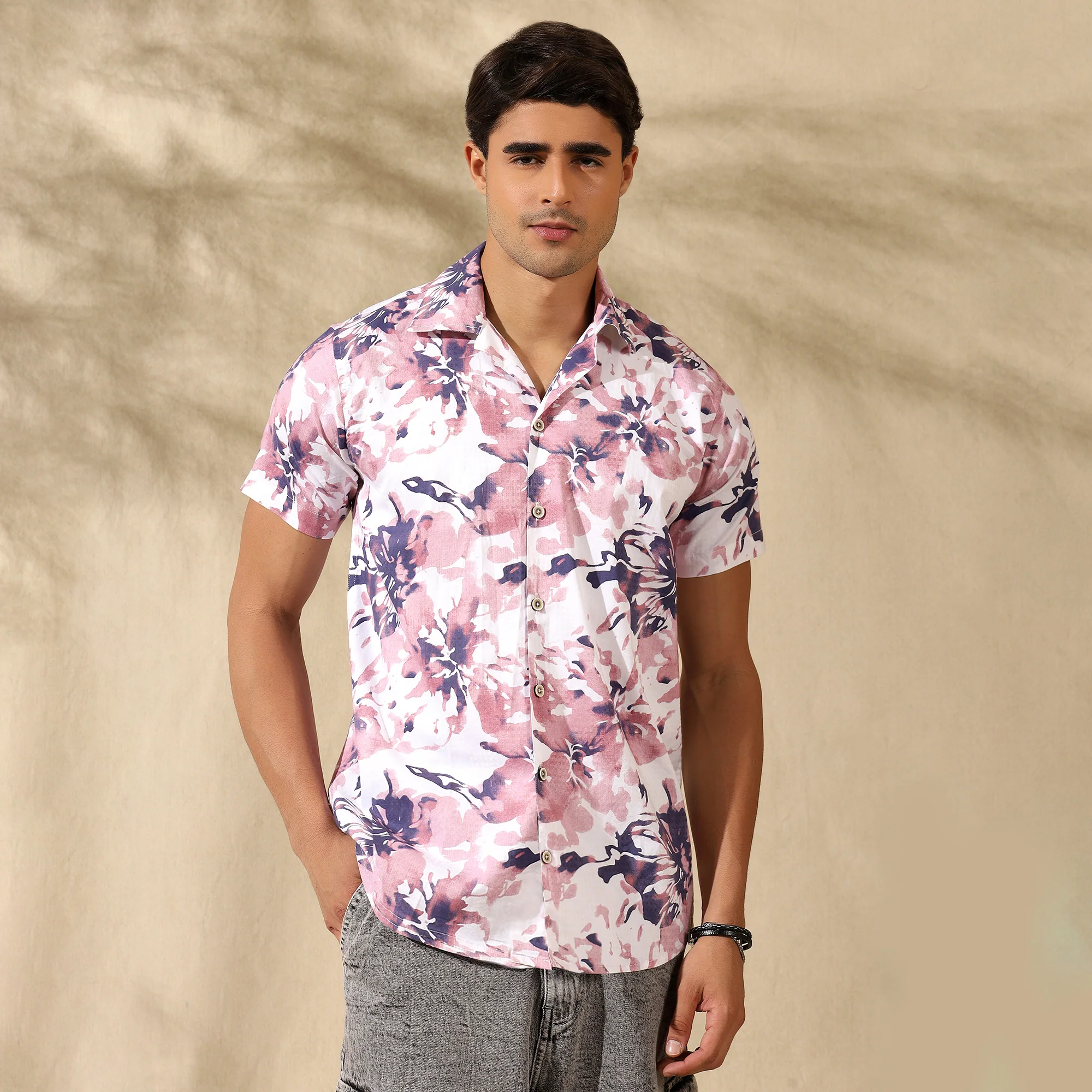PEACH HALF CASUAL PRINTED COTTON SHIRT REGULAR FIT FOR MEN - Image 7