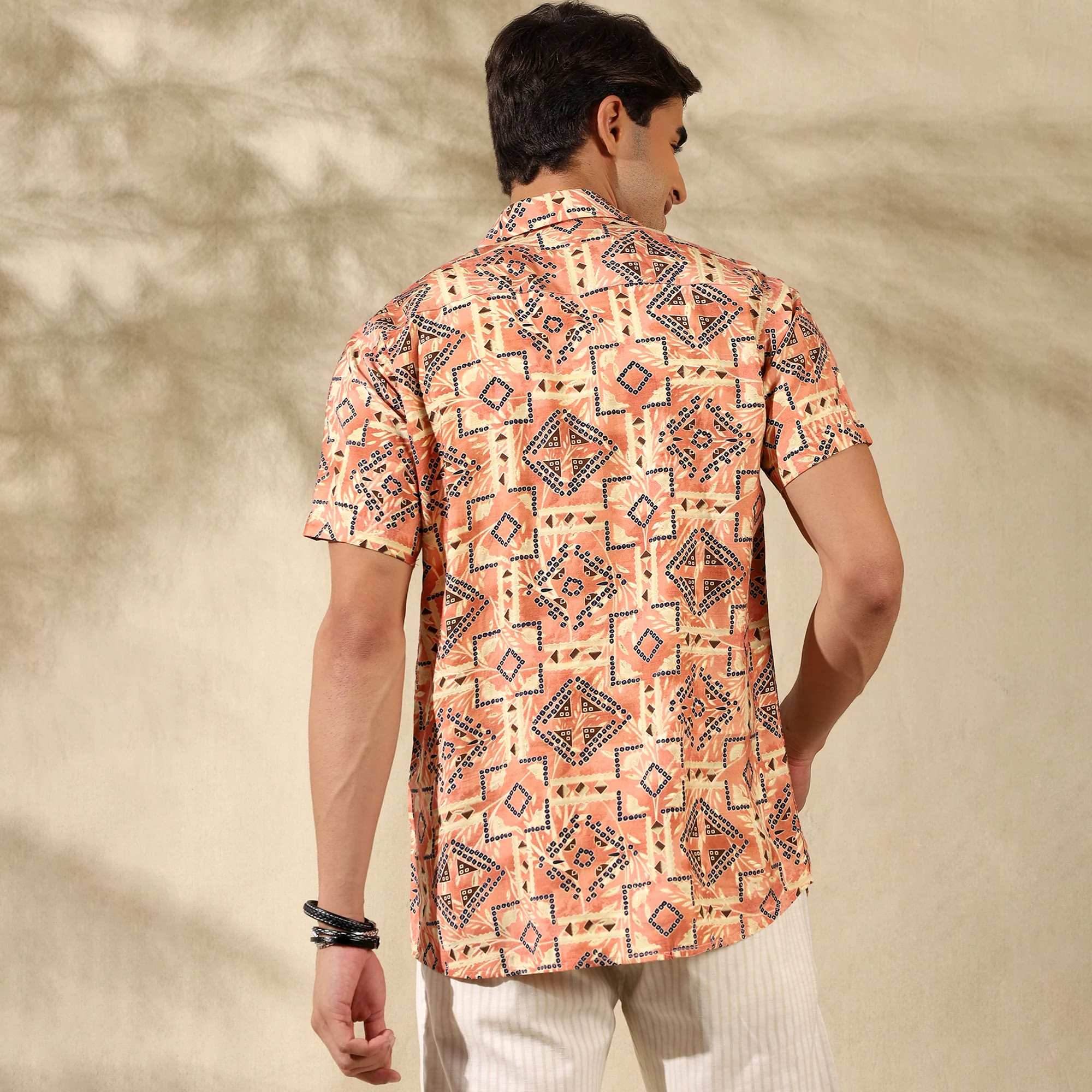 PEACH HALF CASUAL PRINTED COTTON SHIRT REGULAR FIT FOR MEN - Image 3