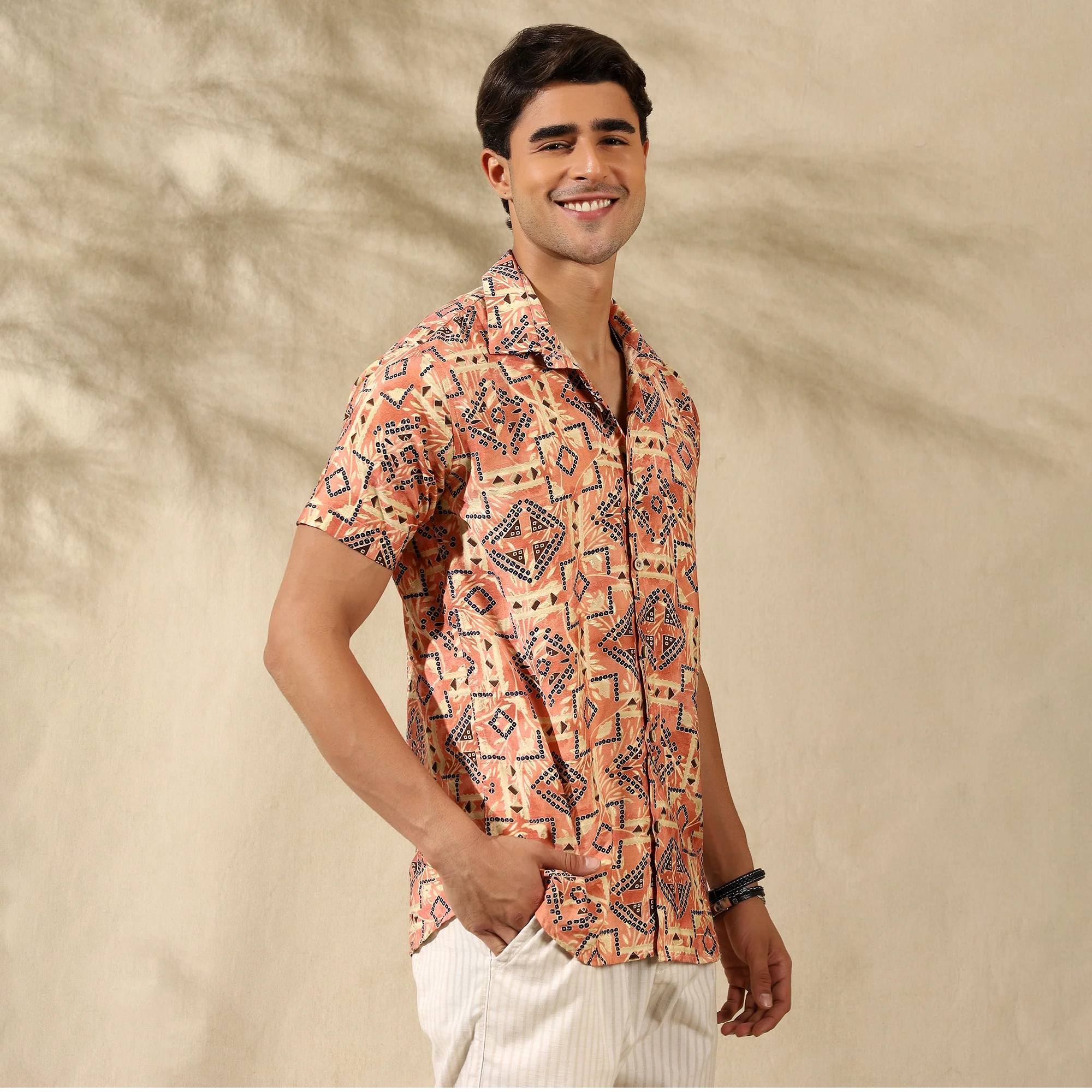 PEACH HALF CASUAL PRINTED COTTON SHIRT REGULAR FIT FOR MEN - Image 5