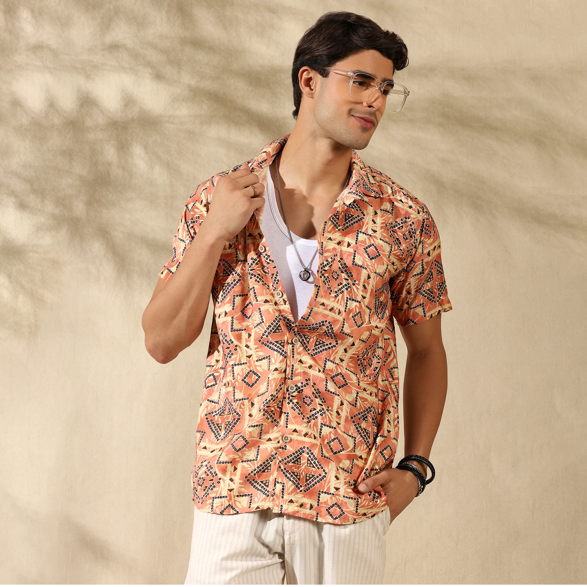 PEACH HALF CASUAL PRINTED COTTON SHIRT REGULAR FIT FOR MEN - Image 6