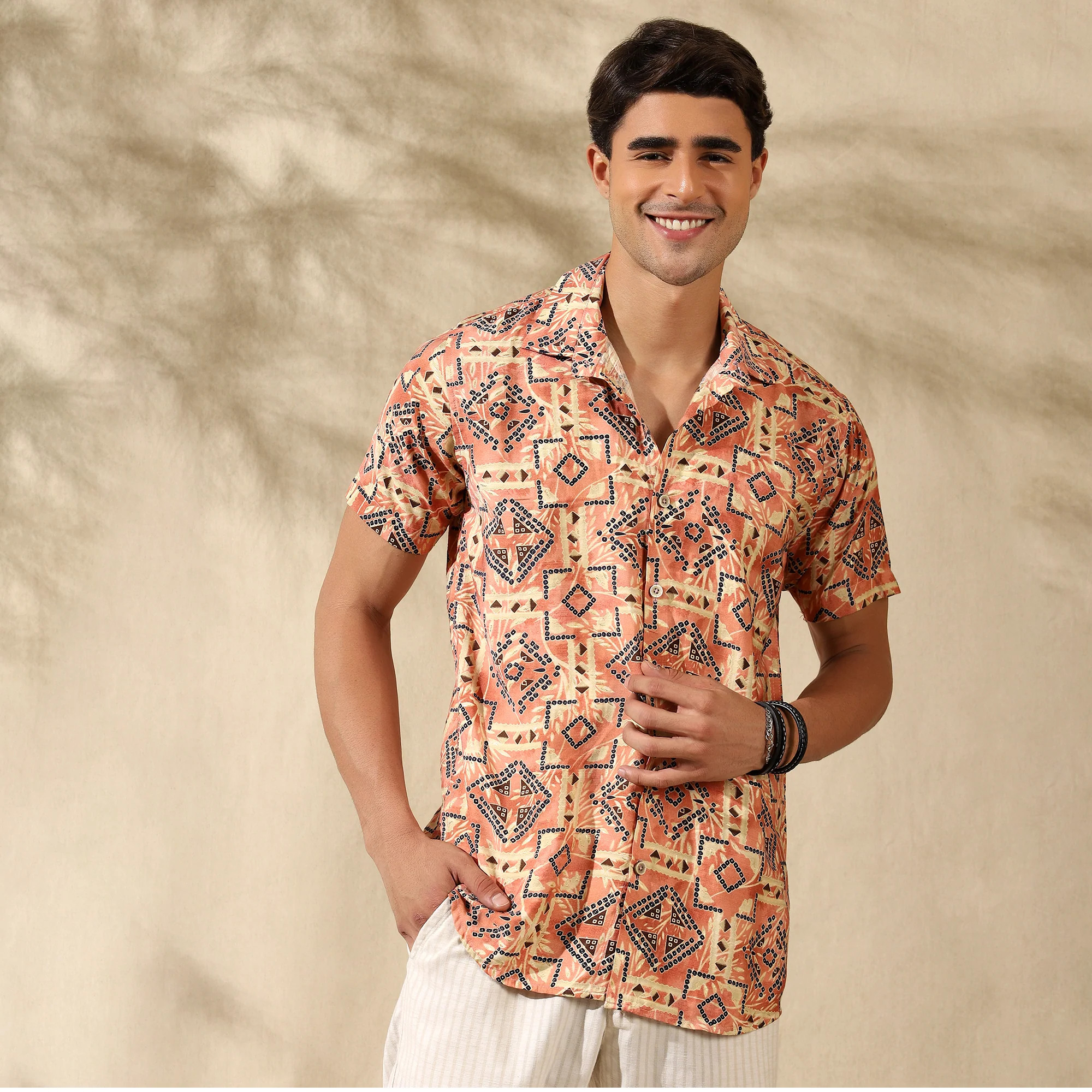 PEACH HALF CASUAL PRINTED COTTON SHIRT REGULAR FIT FOR MEN - Image 7