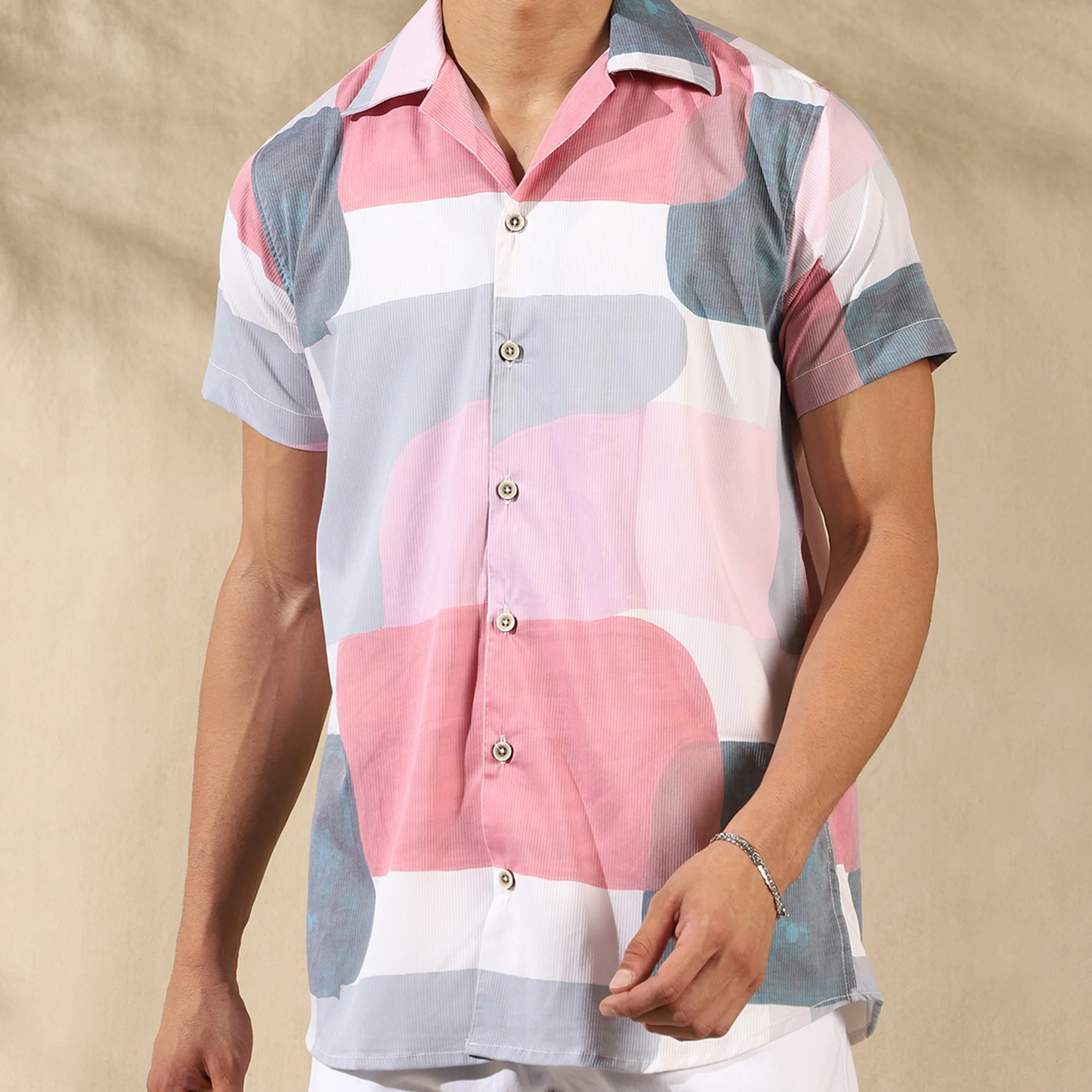 PEACH PINK HALF CASUAL PRINTED COTTON SHIRT REGULAR FIT FOR MEN