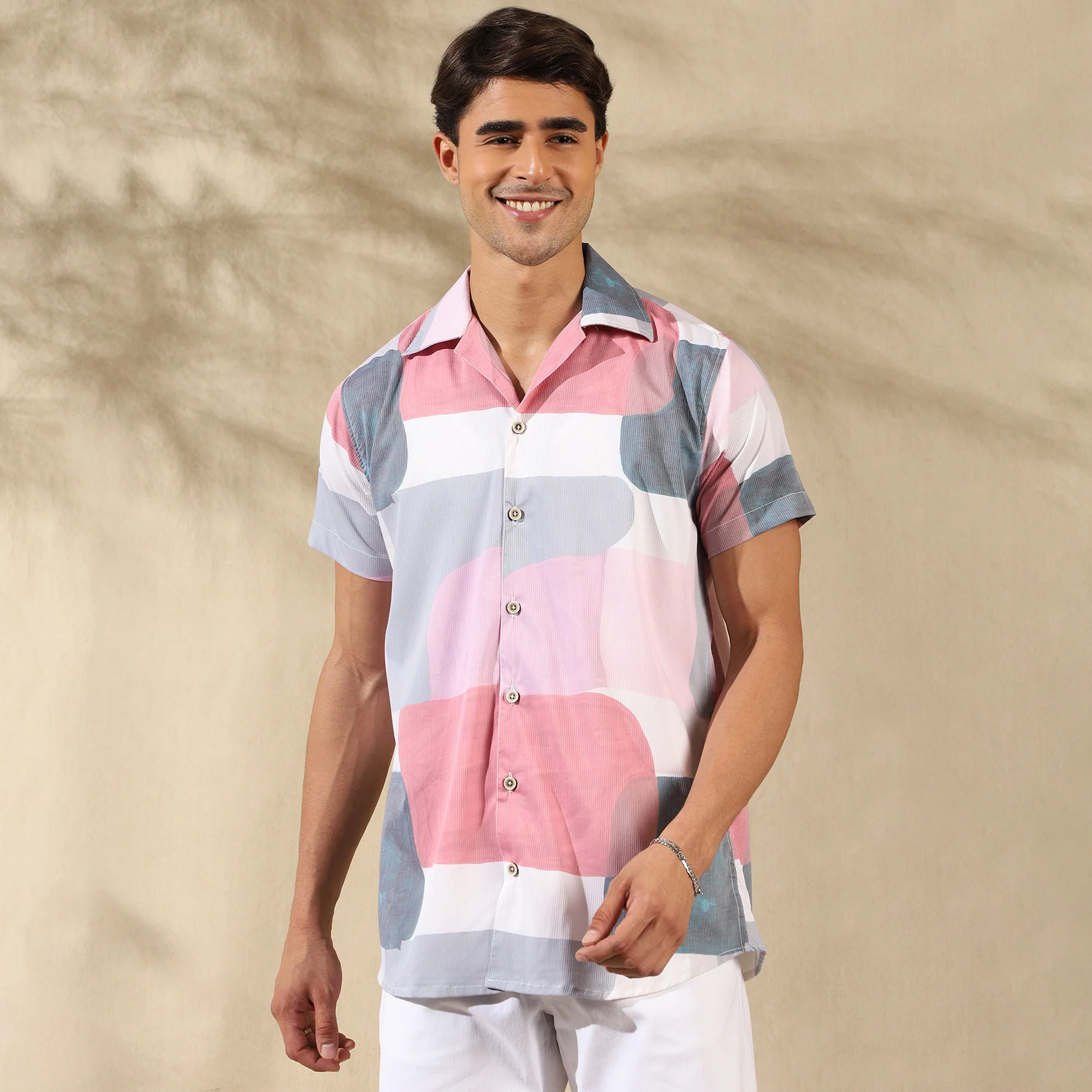 PEACH PINK HALF CASUAL PRINTED COTTON SHIRT REGULAR FIT FOR MEN - Image 7