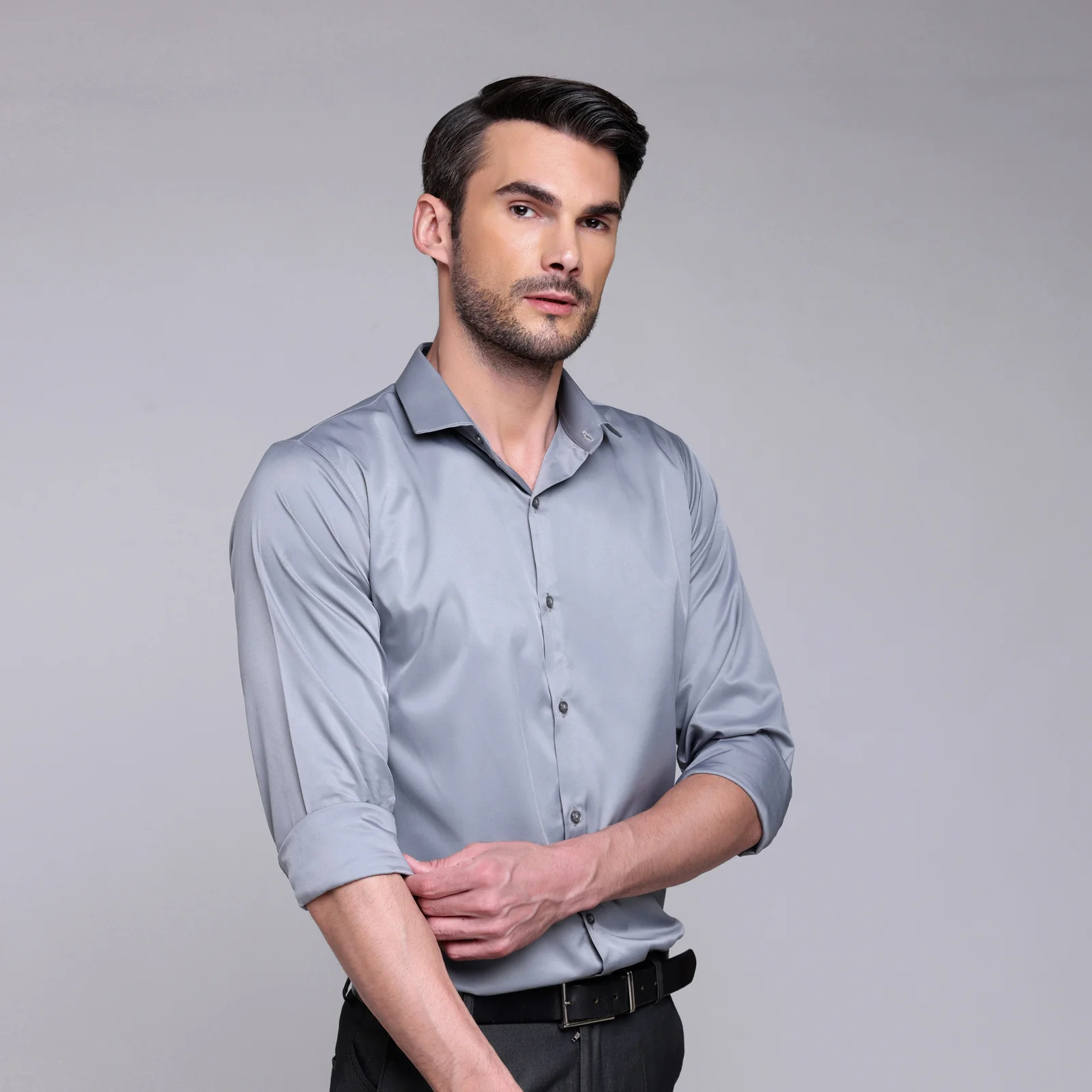 PREMIUM SATIN SHIRT | FORMAL SHIRT FOR MEN | LUXURIOUS SATIN LYCRA PARTY WEAR-Grey Shirt - Image 3
