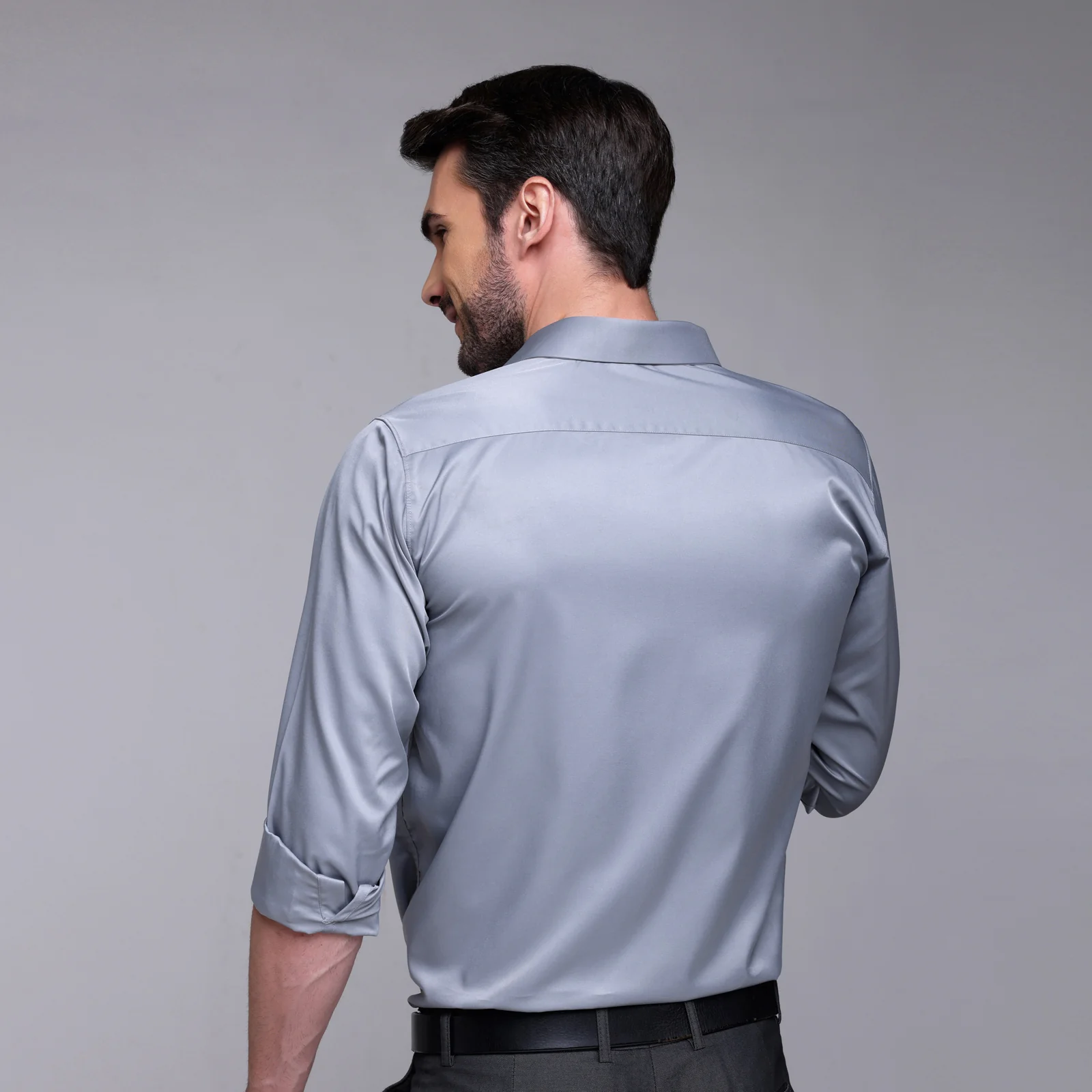 PREMIUM SATIN SHIRT | FORMAL SHIRT FOR MEN | LUXURIOUS SATIN LYCRA PARTY WEAR-Grey Shirt - Image 4