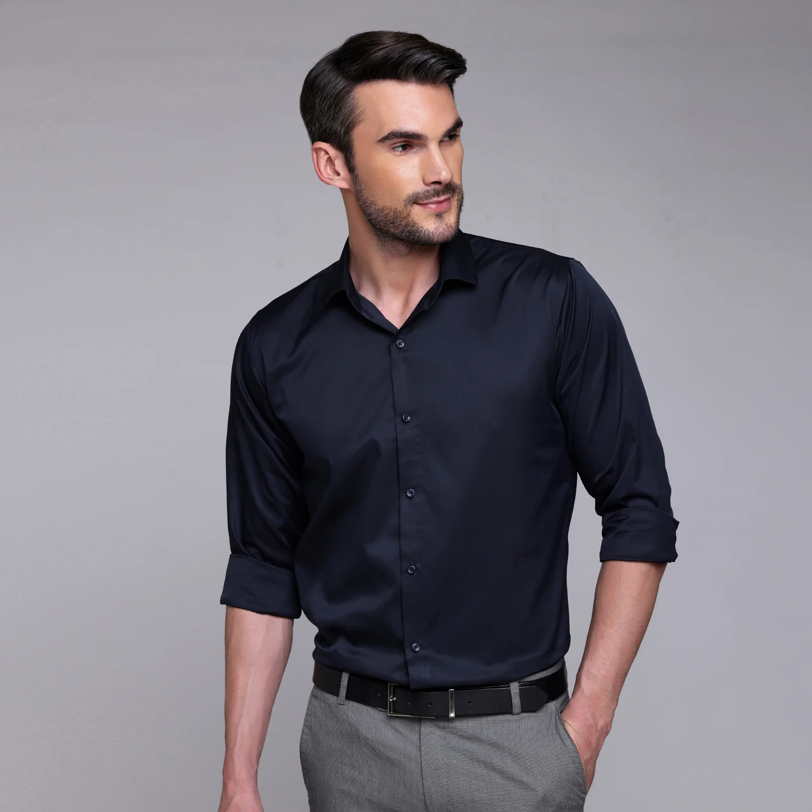 PREMIUM SATIN SHIRT | FORMAL SHIRT FOR MEN | LUXURIOUS SATIN LYCRA PARTY WEAR-Navy Blue Shirt - Image 3