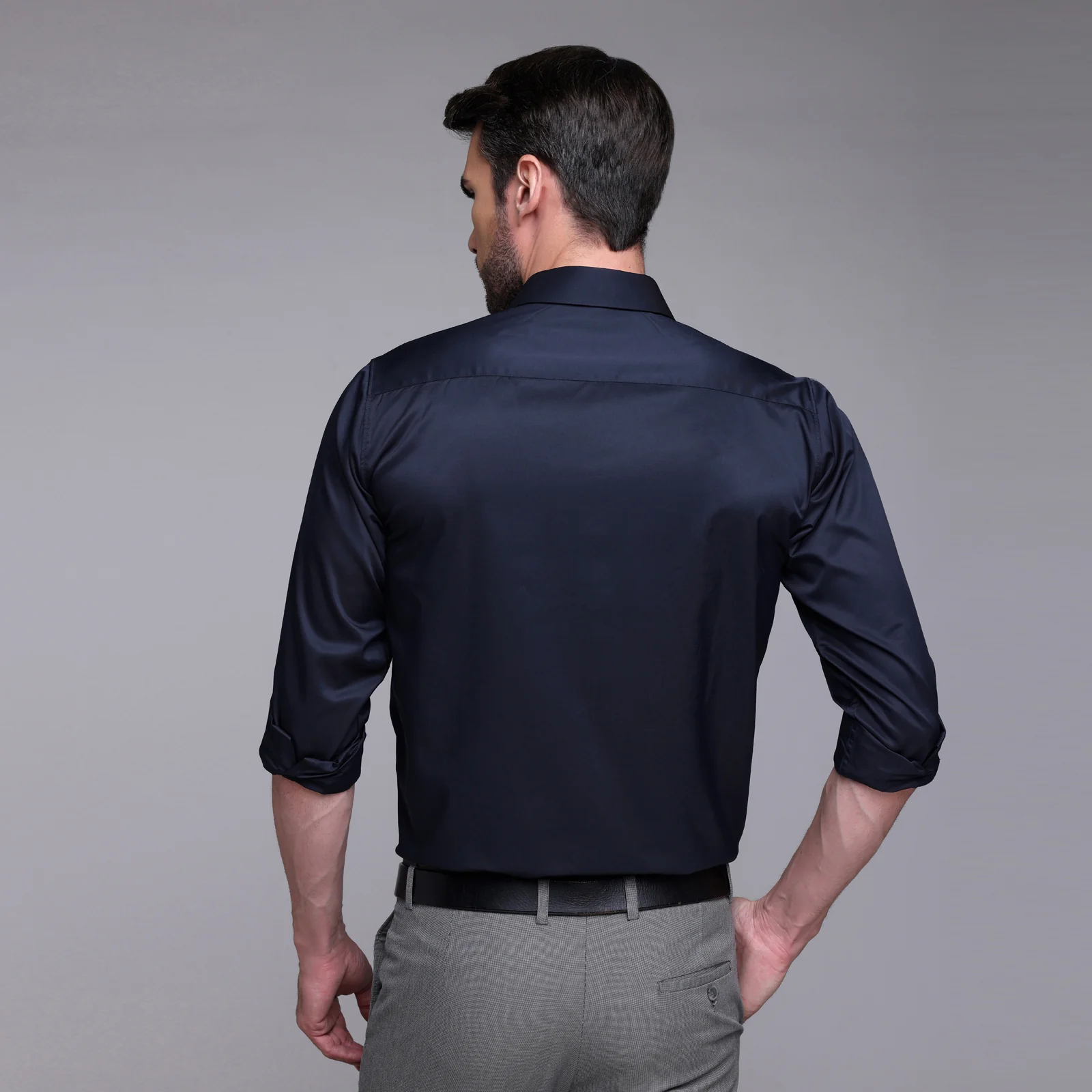 PREMIUM SATIN SHIRT | FORMAL SHIRT FOR MEN | LUXURIOUS SATIN LYCRA PARTY WEAR-Navy Blue Shirt - Image 4