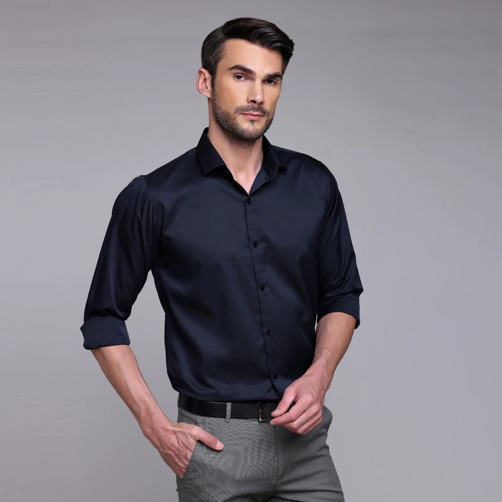PREMIUM SATIN SHIRT | FORMAL SHIRT FOR MEN | LUXURIOUS SATIN LYCRA PARTY WEAR-Navy Blue Shirt - Image 5