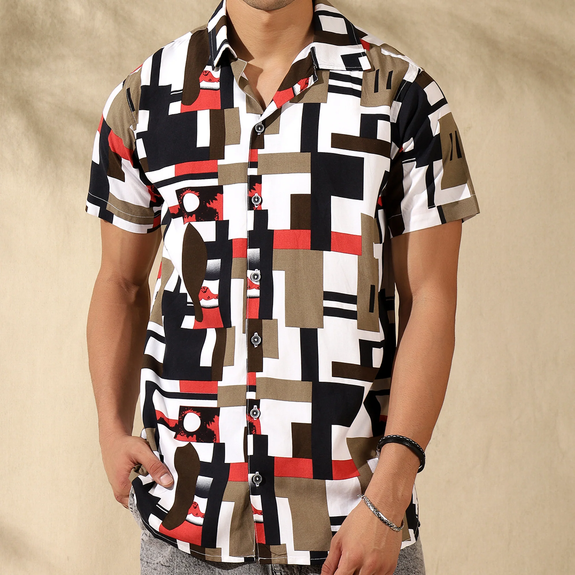 RED HALF CASUAL PRINTED COTTON SHIRT REGULAR FIT FOR MEN
