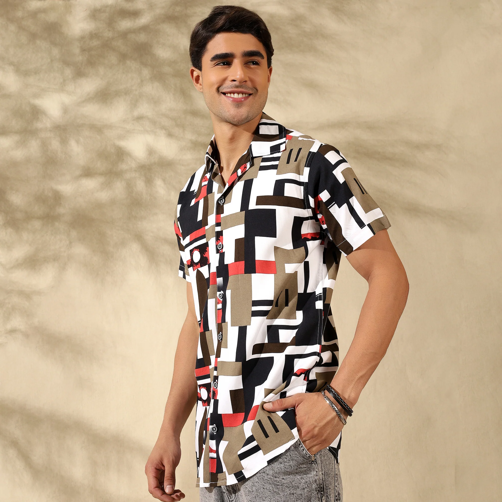 RED HALF CASUAL PRINTED COTTON SHIRT REGULAR FIT FOR MEN - Image 2