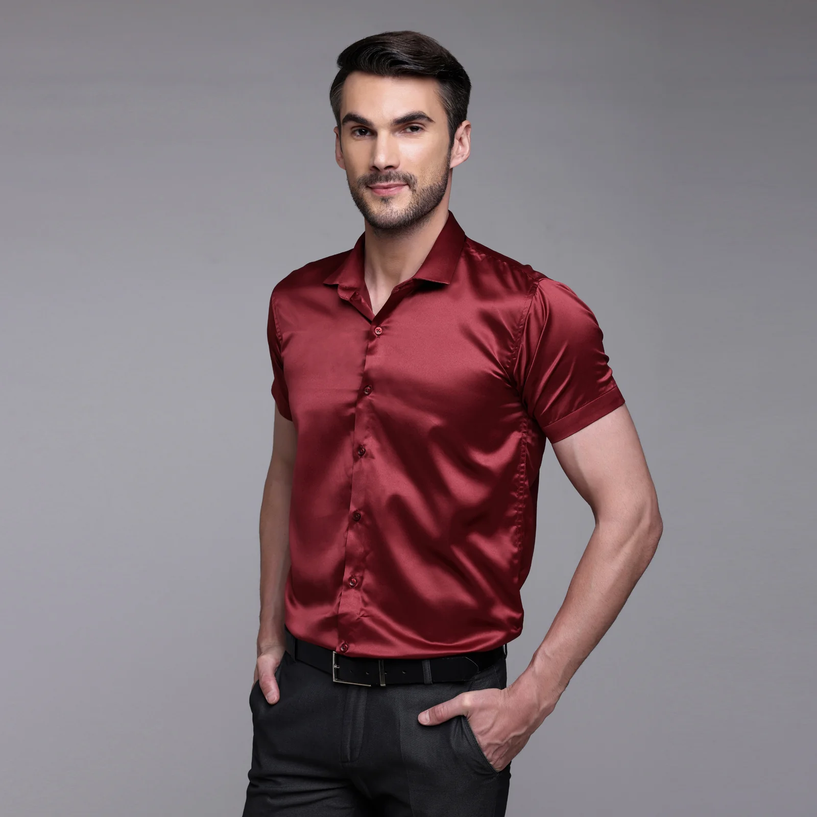 Men’s Satin Half Sleeve Formal Shirt – Premium Soft & Shiny Finish-Maroon - Image 3
