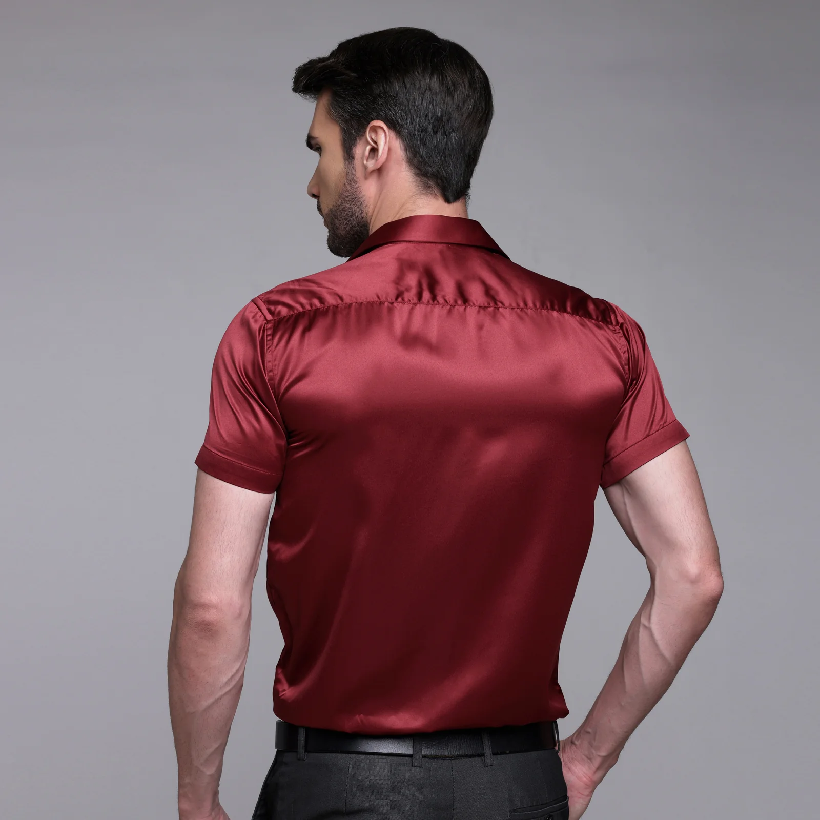 Men’s Satin Half Sleeve Formal Shirt – Premium Soft & Shiny Finish-Maroon - Image 4