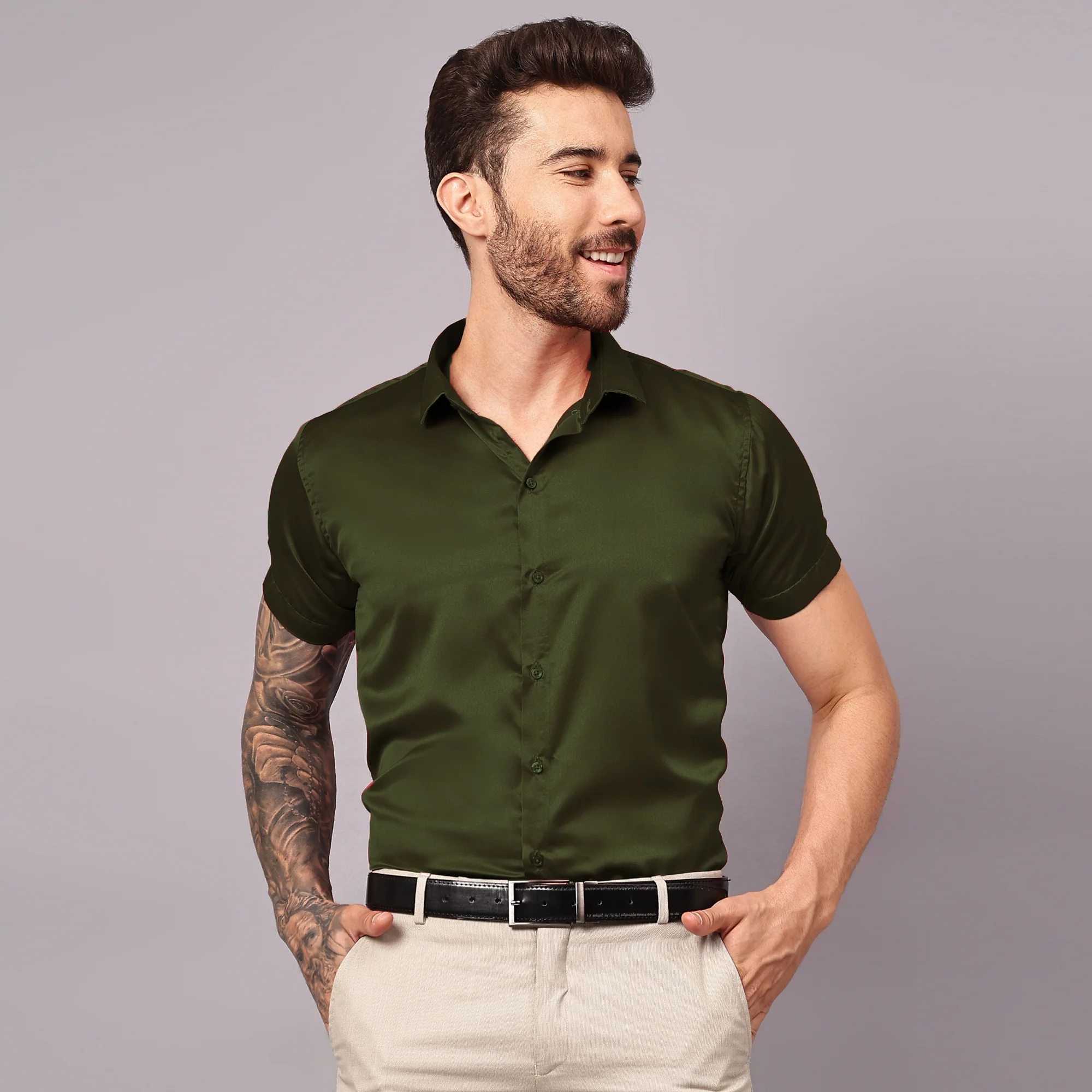 Men’s Satin Half Sleeve Formal Shirt – Premium Soft & Shiny Finish-Olive Green - Image 4