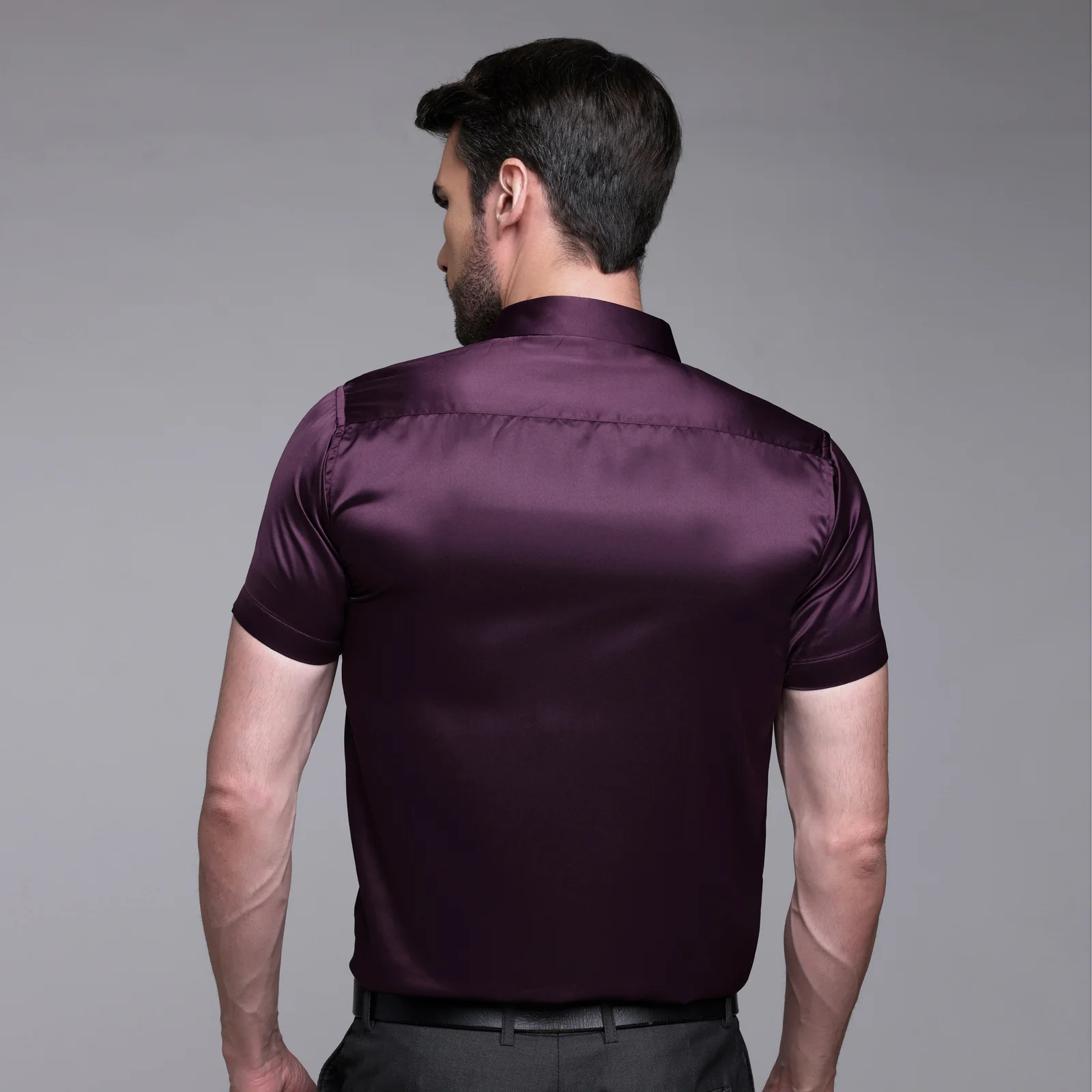 Men’s Satin Half Sleeve Formal Shirt – Premium Soft & Shiny Finish-Wine - Image 4