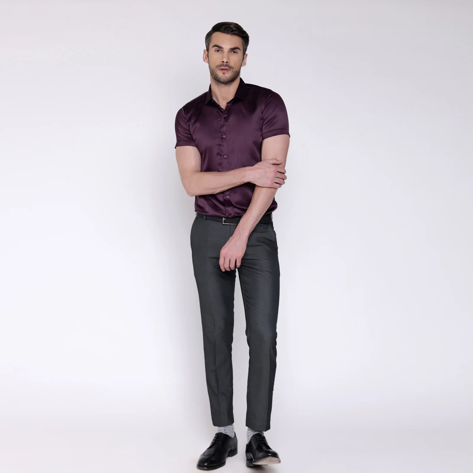 Men’s Satin Half Sleeve Formal Shirt – Premium Soft & Shiny Finish-Wine - Image 5